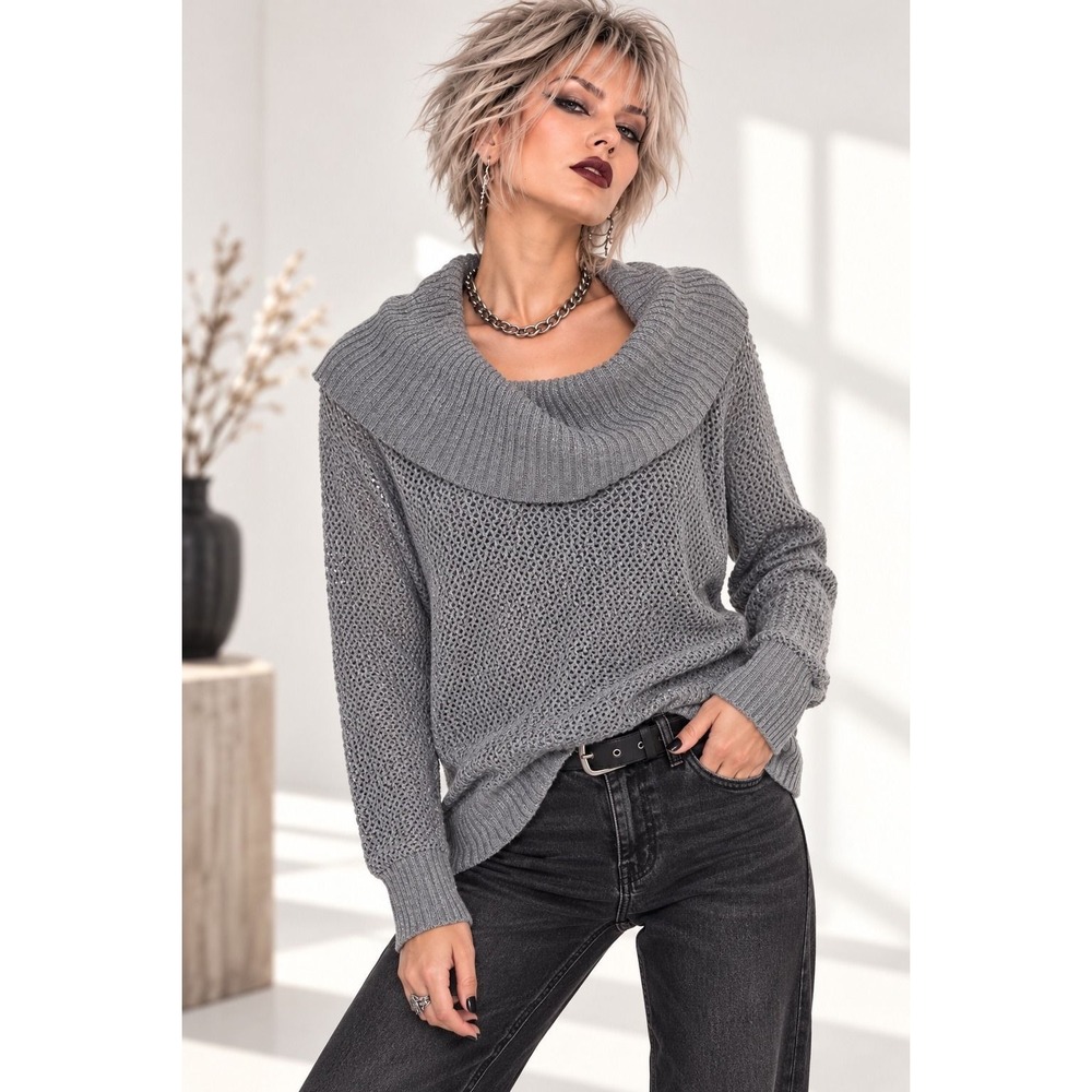 Cache L Gray Cowl Neck Cotton Cashmere Blend Sweater